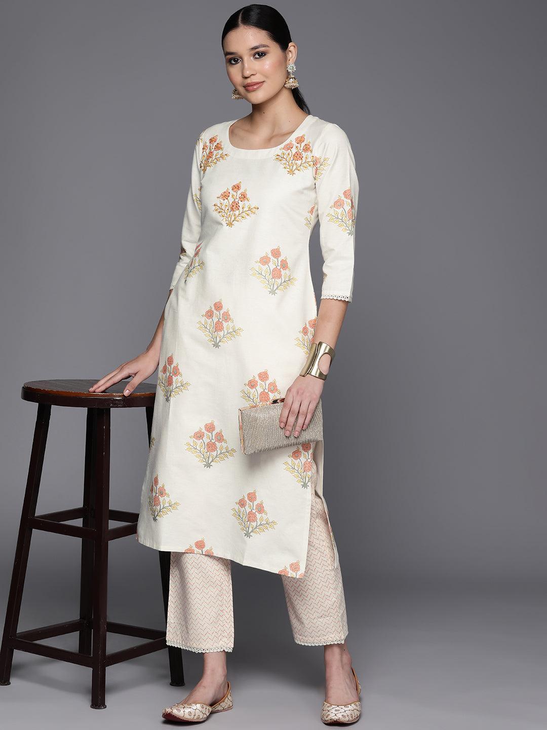 Off White Printed Cotton Blend Straight Kurta With Trousers