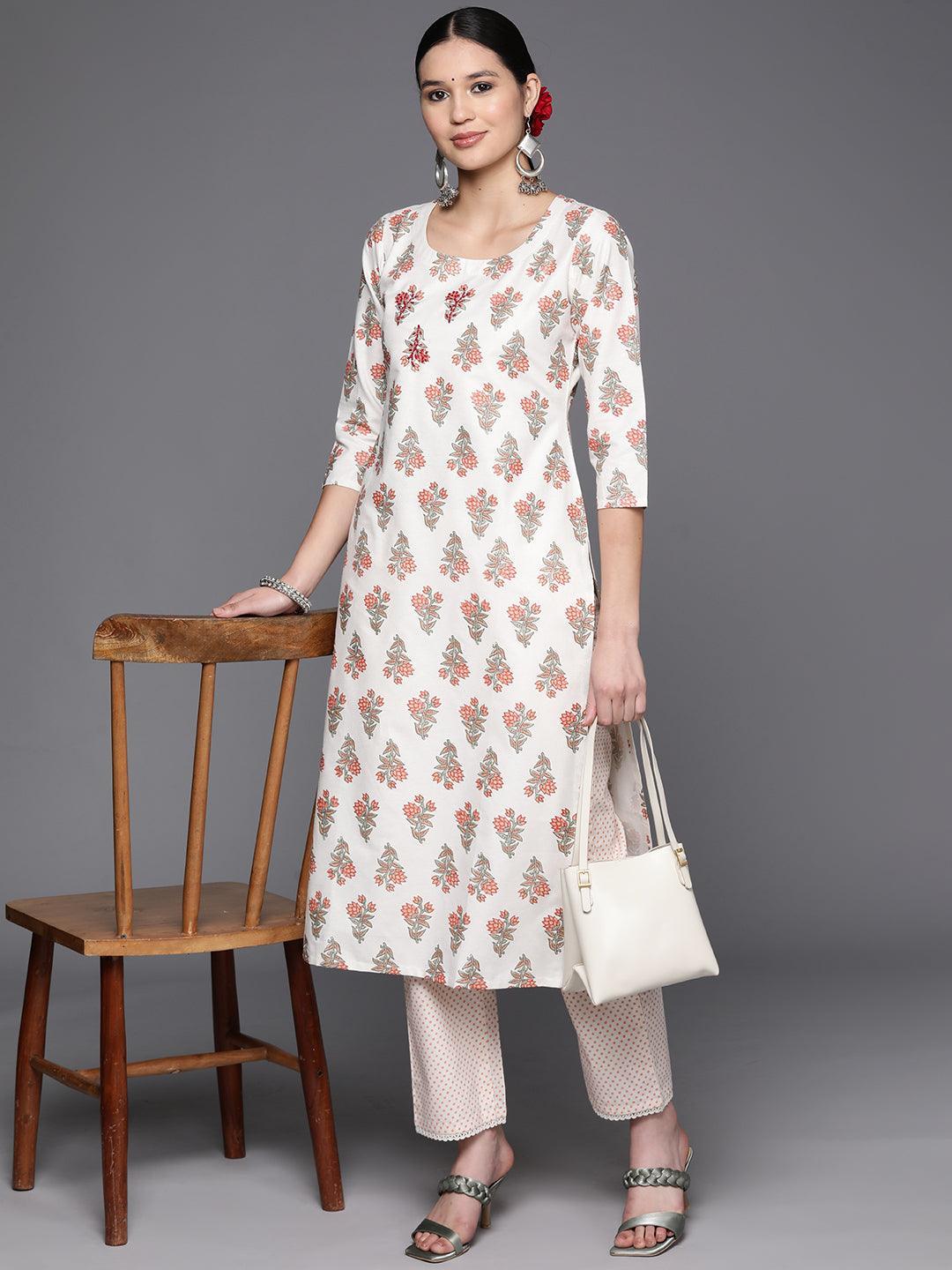 Off White Printed Cotton Blend Straight Kurta With Trousers