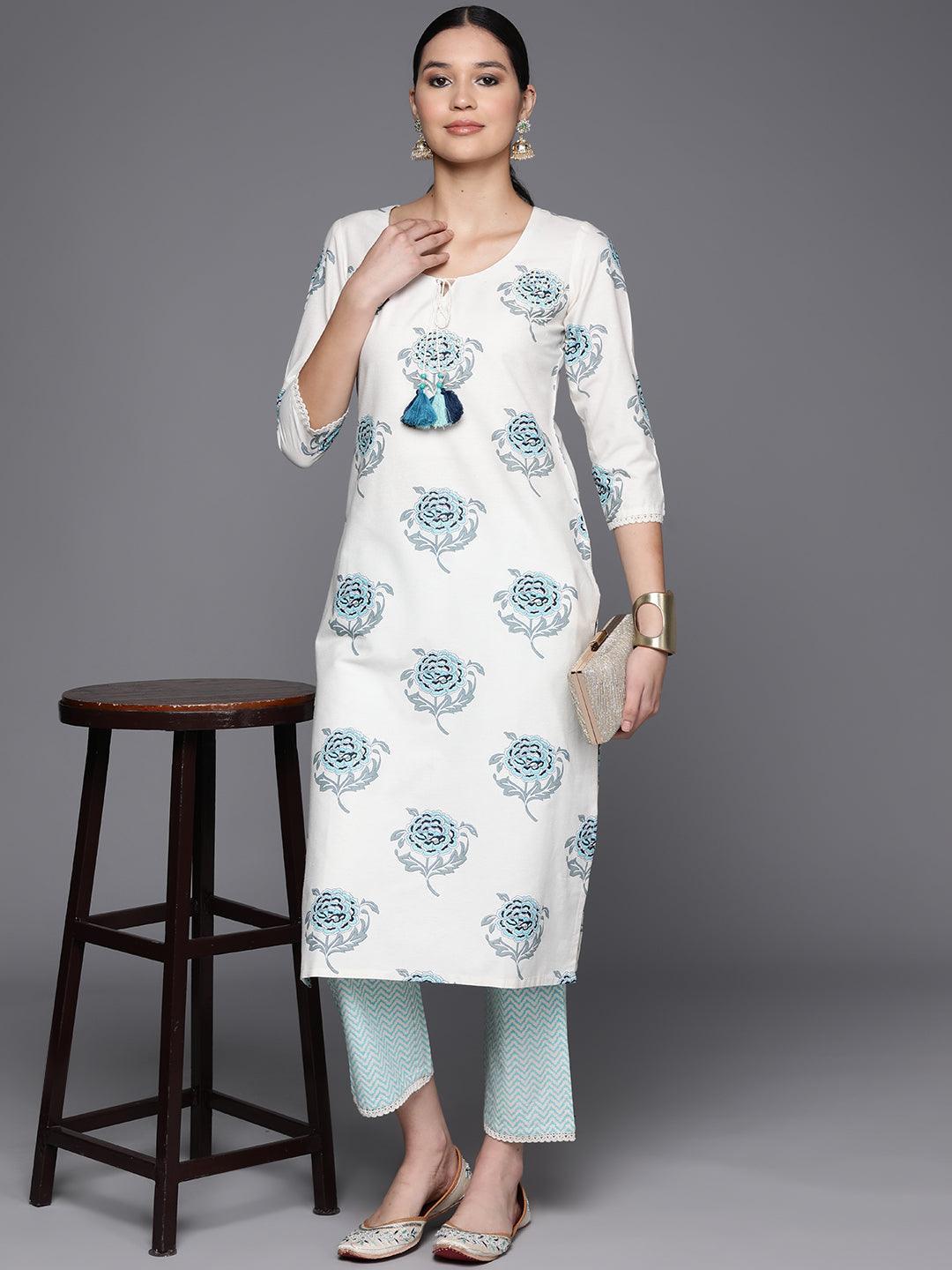 Off White Printed Cotton Blend Straight Kurta With Trousers