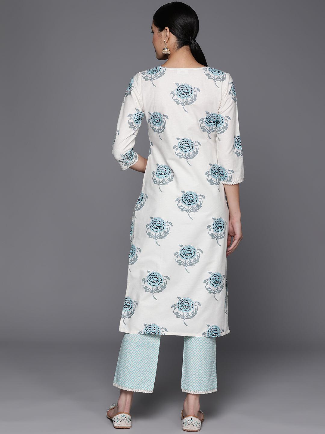 Off White Printed Cotton Blend Straight Kurta With Trousers