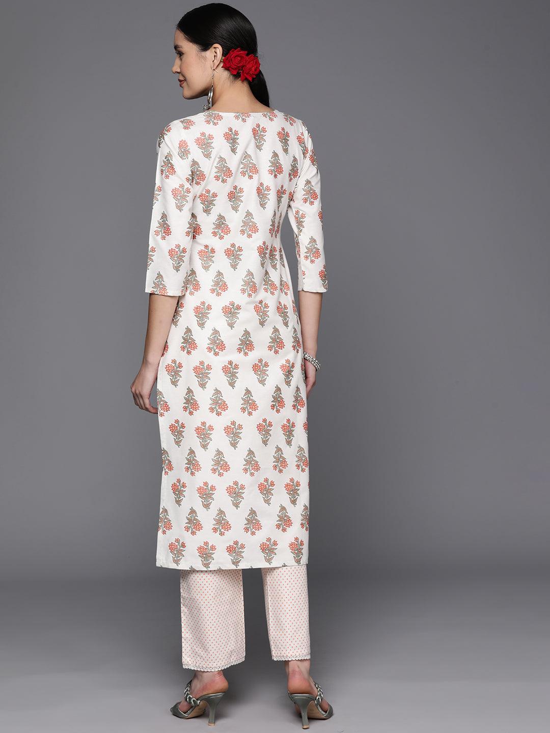 Off White Printed Cotton Blend Straight Kurta With Trousers