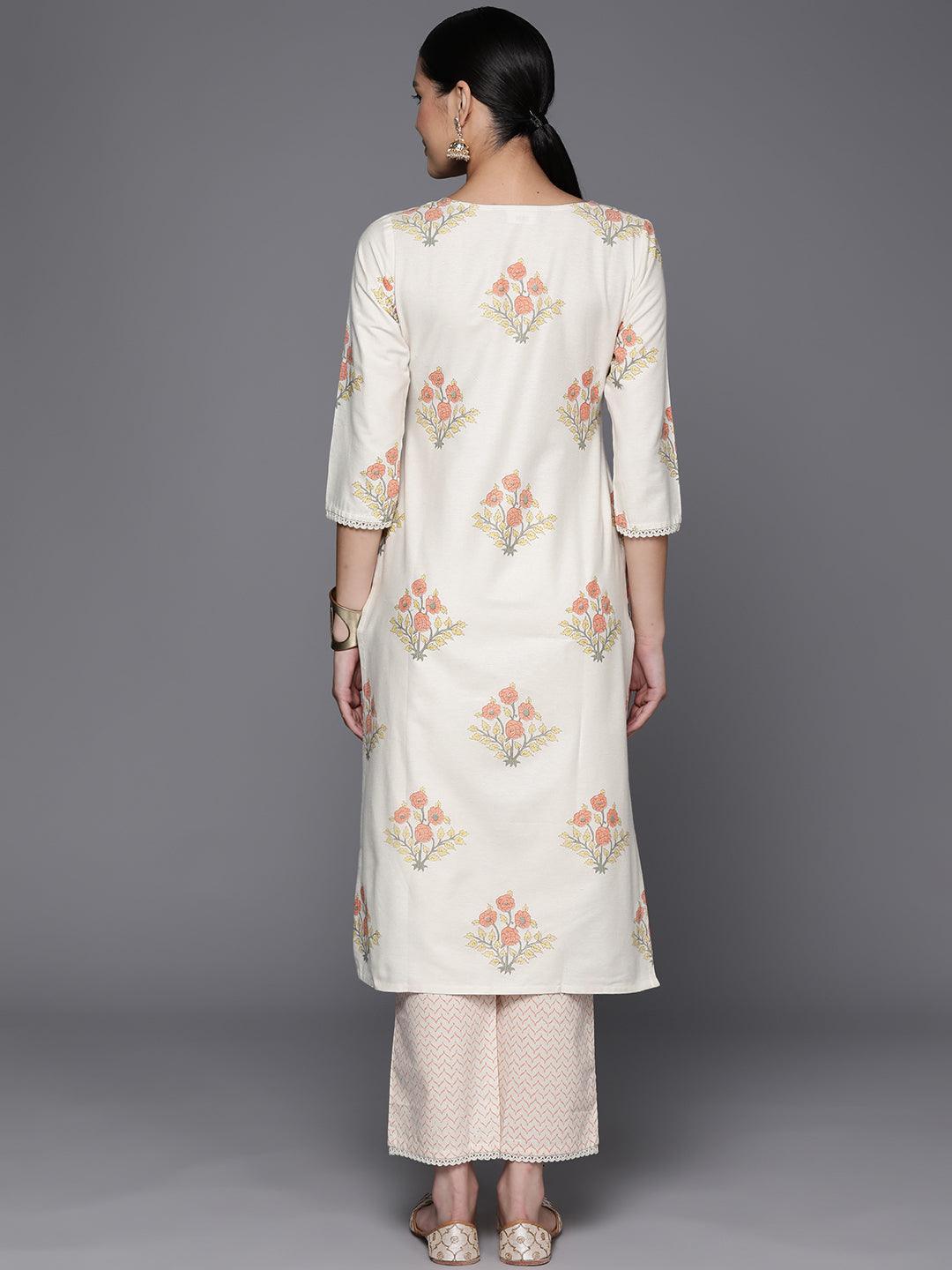 Off White Printed Cotton Blend Straight Kurta With Trousers