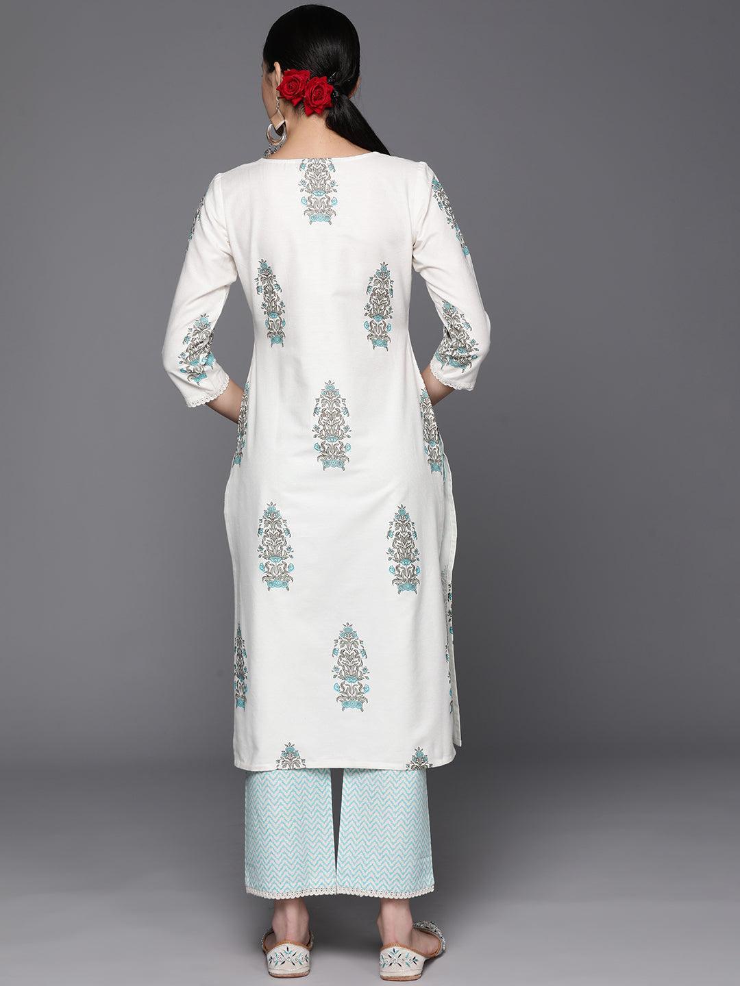 Off White Printed Cotton Blend Straight Kurta With Trousers