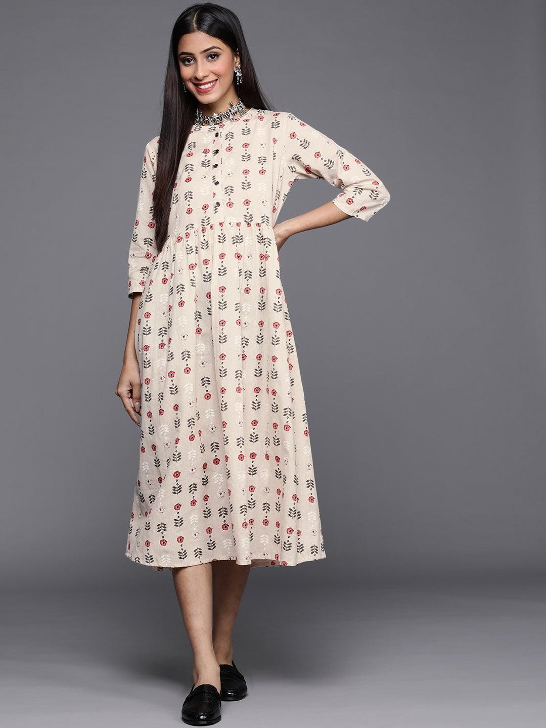 Off White Printed Cotton Dress