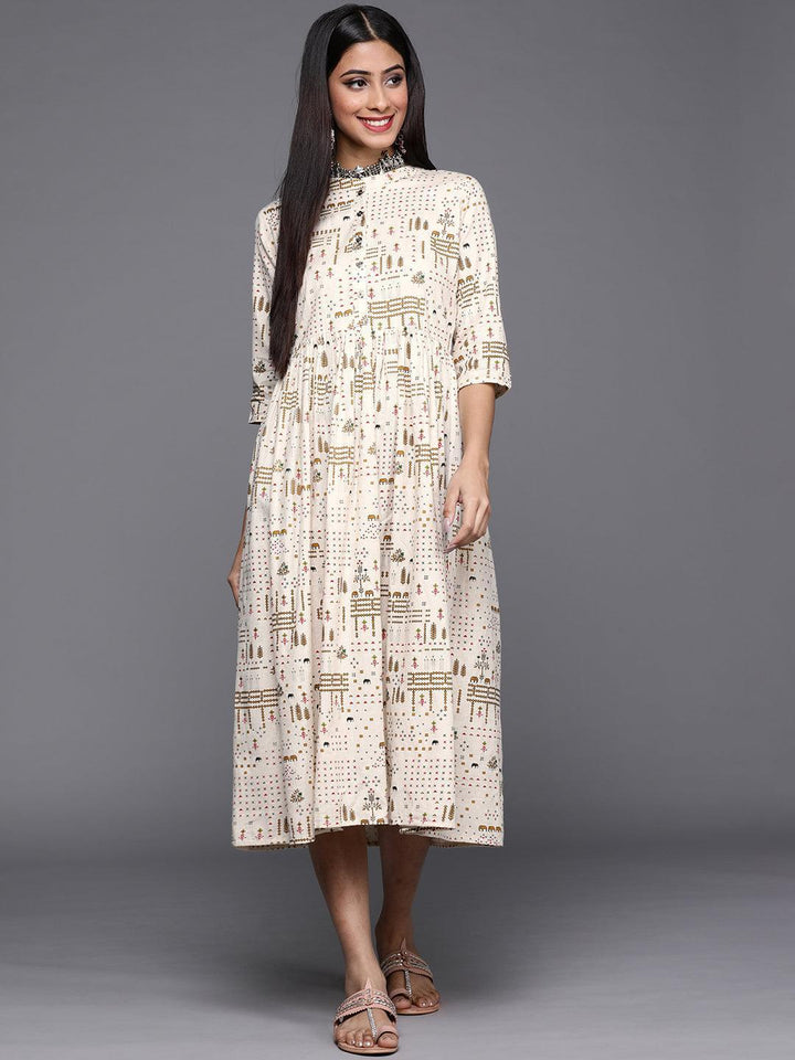 Off White Printed Cotton Dress - ShopLibas