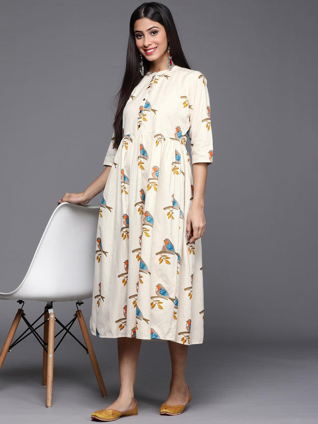 Off White Printed Cotton Dress