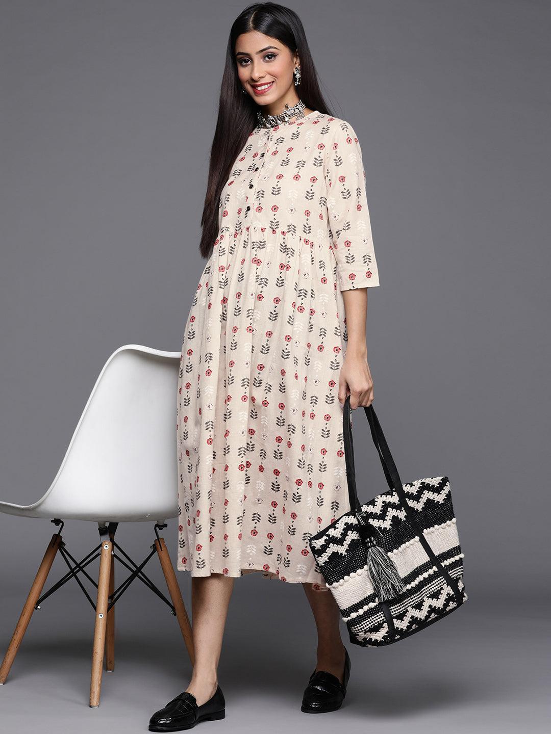 Off White Printed Cotton Dress