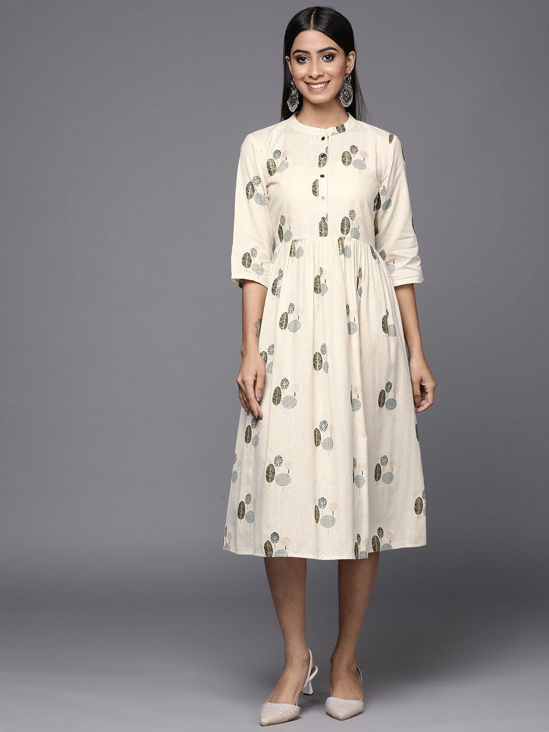 Off White Printed Cotton Fit and Flare Dress