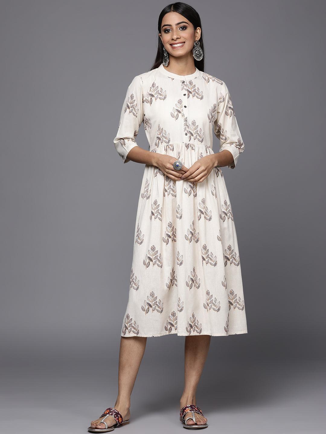 Off White Printed Cotton Fit and Flare Dress