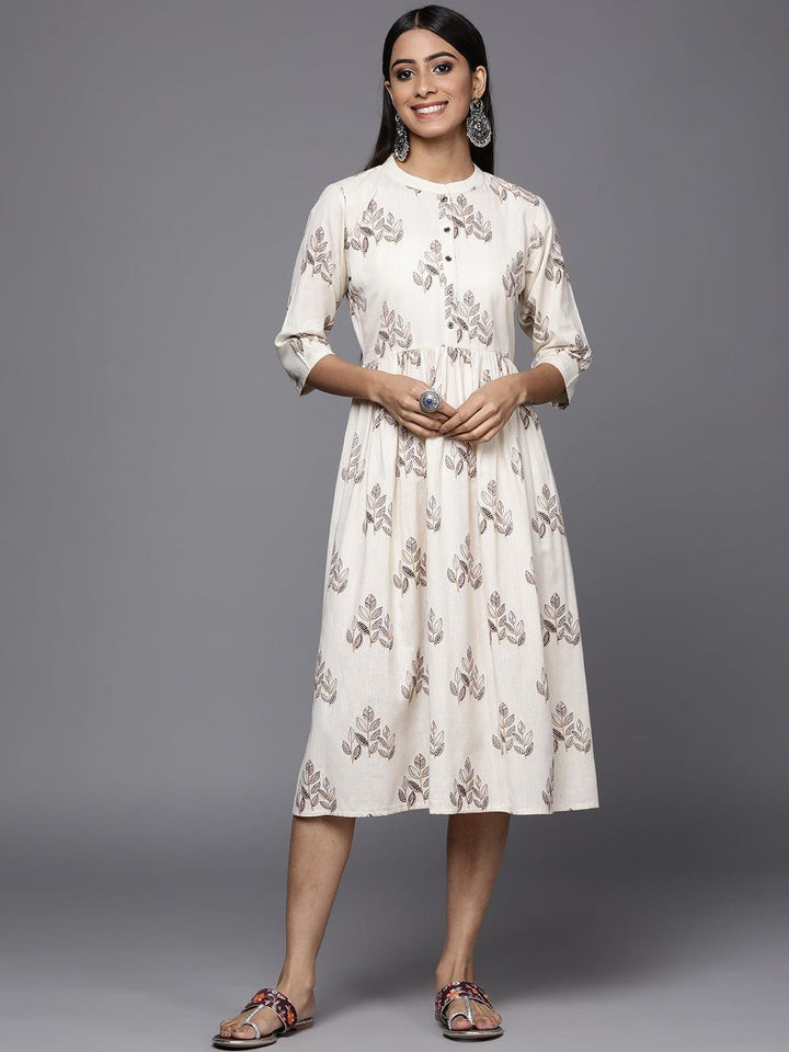 Off White Printed Cotton Fit and Flare Dress - Libas