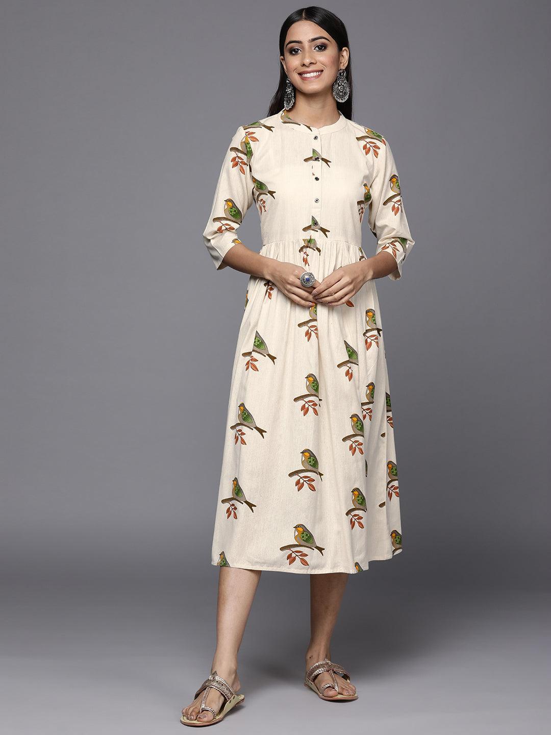 Off White Printed Cotton Fit and Flare Dress