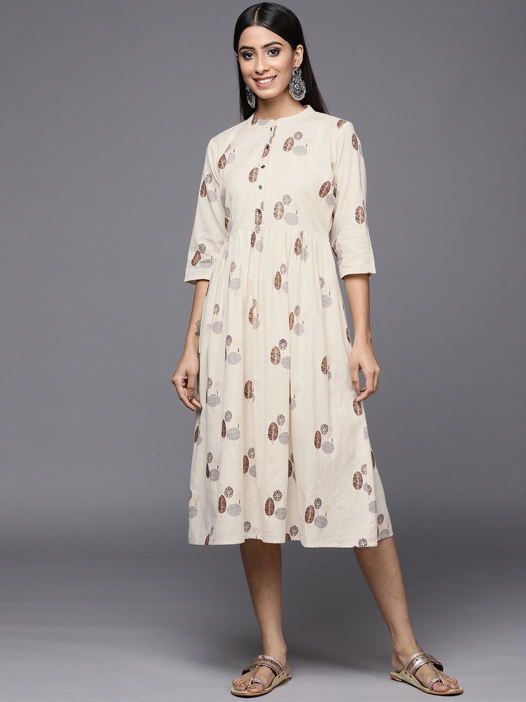 Off White Printed Cotton Fit and Flare Dress