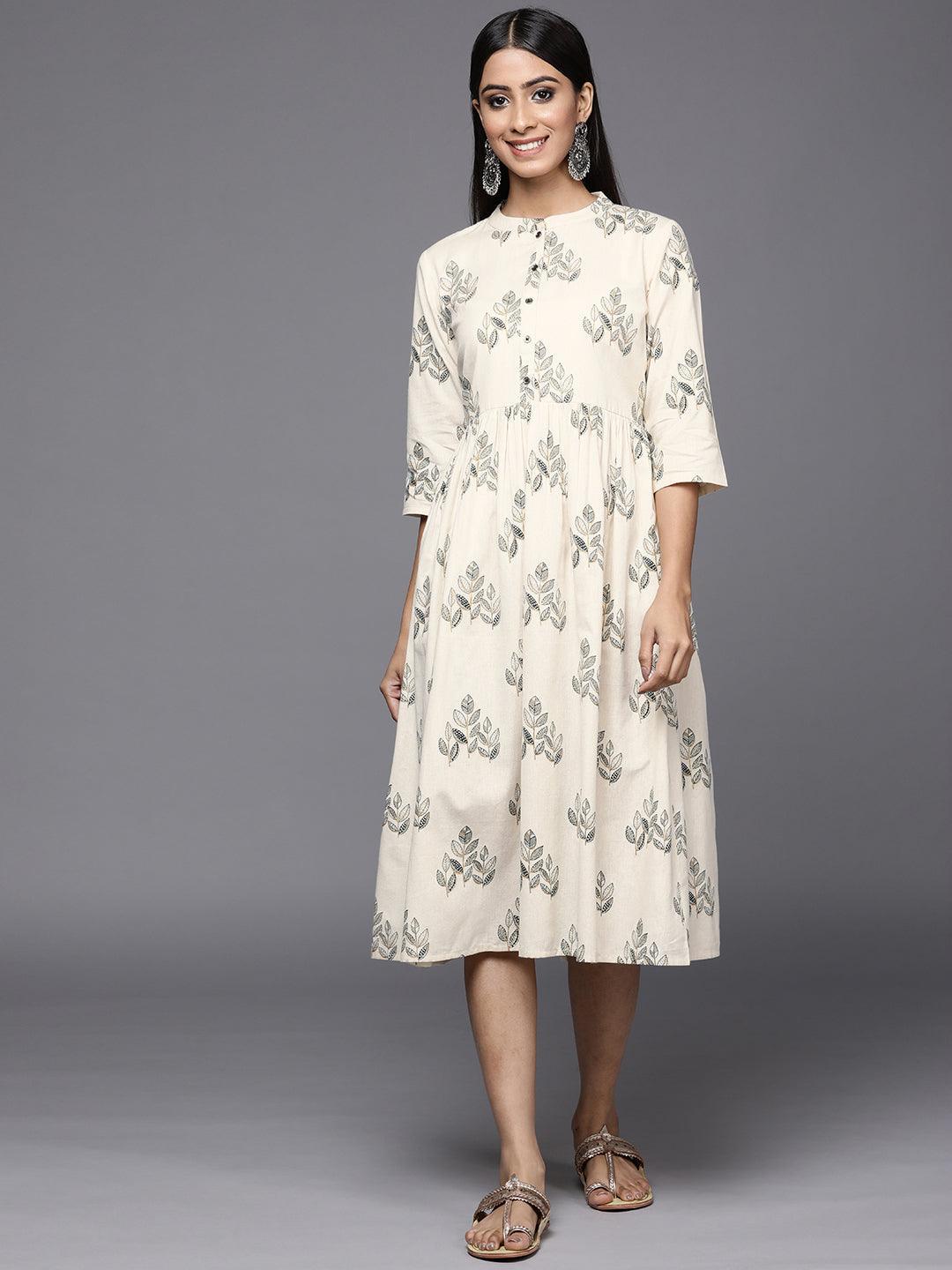 Off White Printed Cotton Fit and Flare Dress