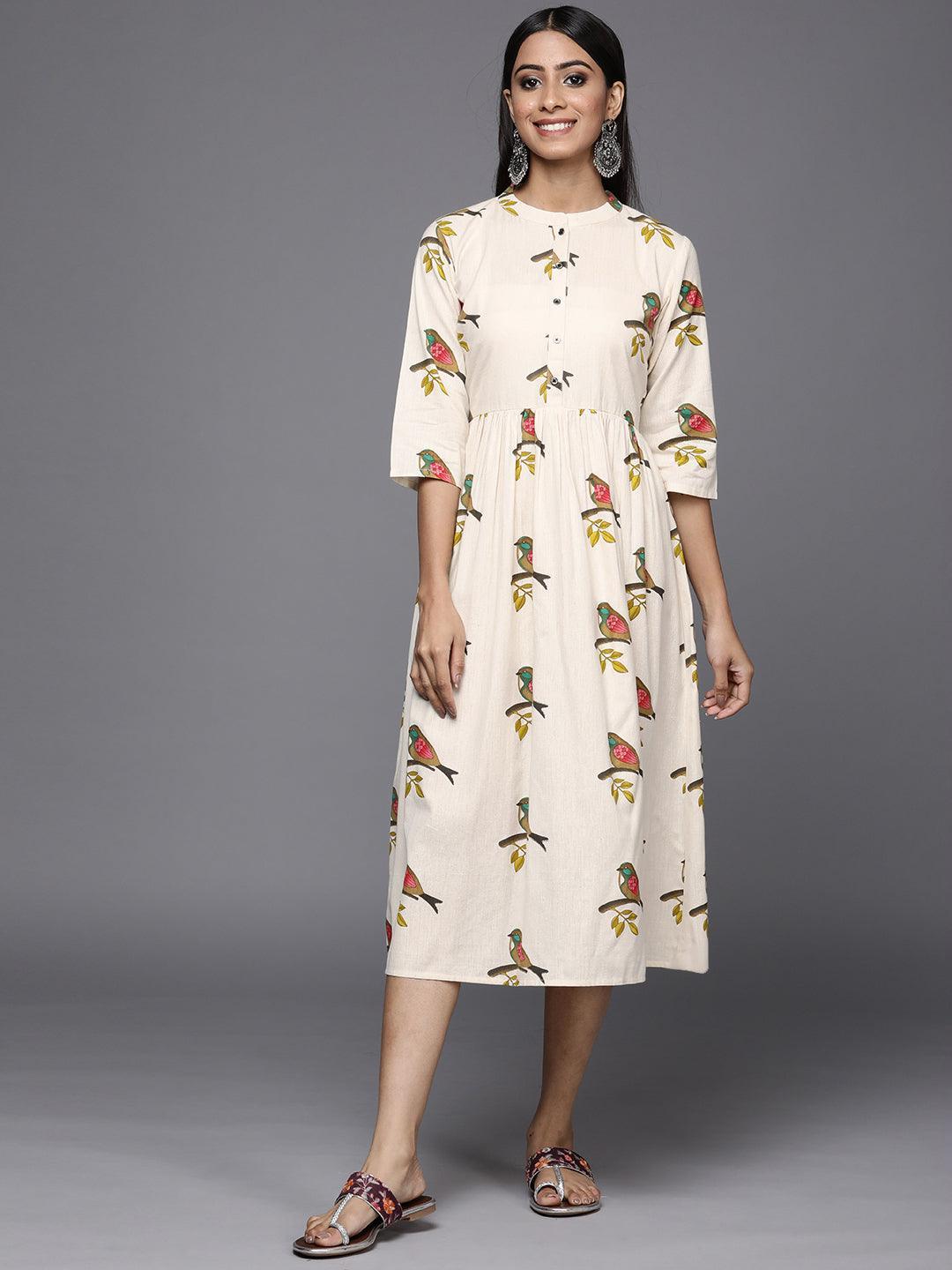 Off White Printed Cotton Fit and Flare Dress