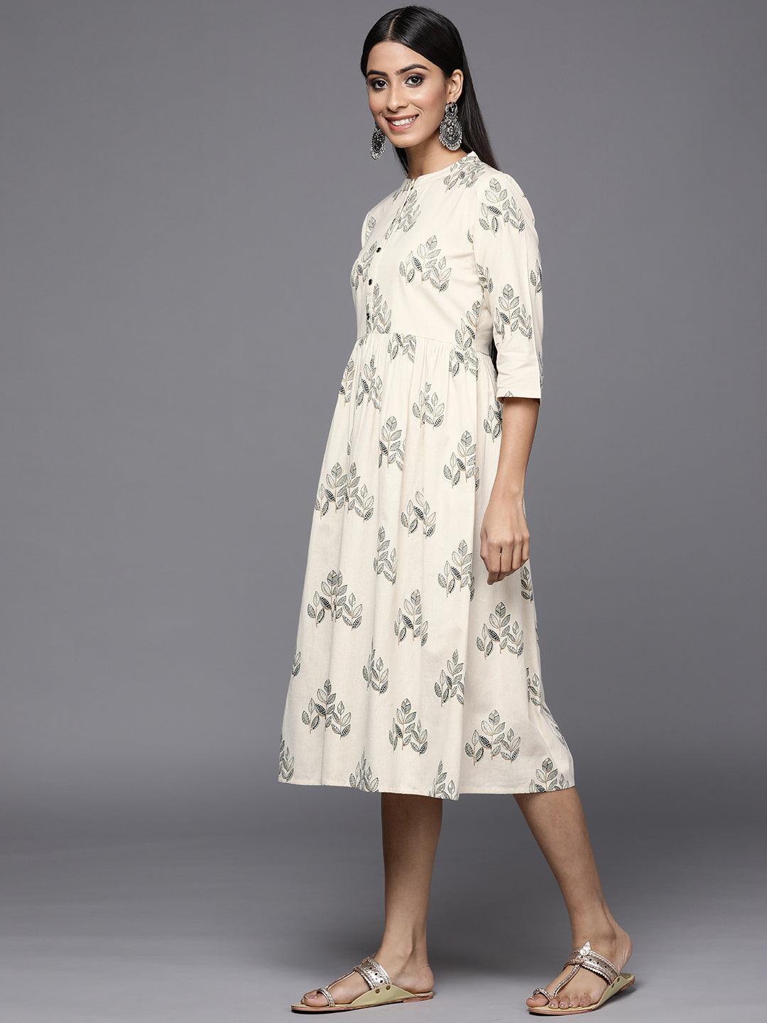 Off White Printed Cotton Fit and Flare Dress