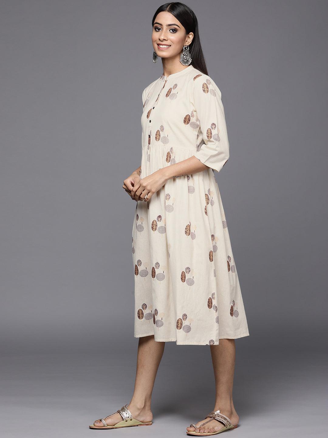 Off White Printed Cotton Fit and Flare Dress