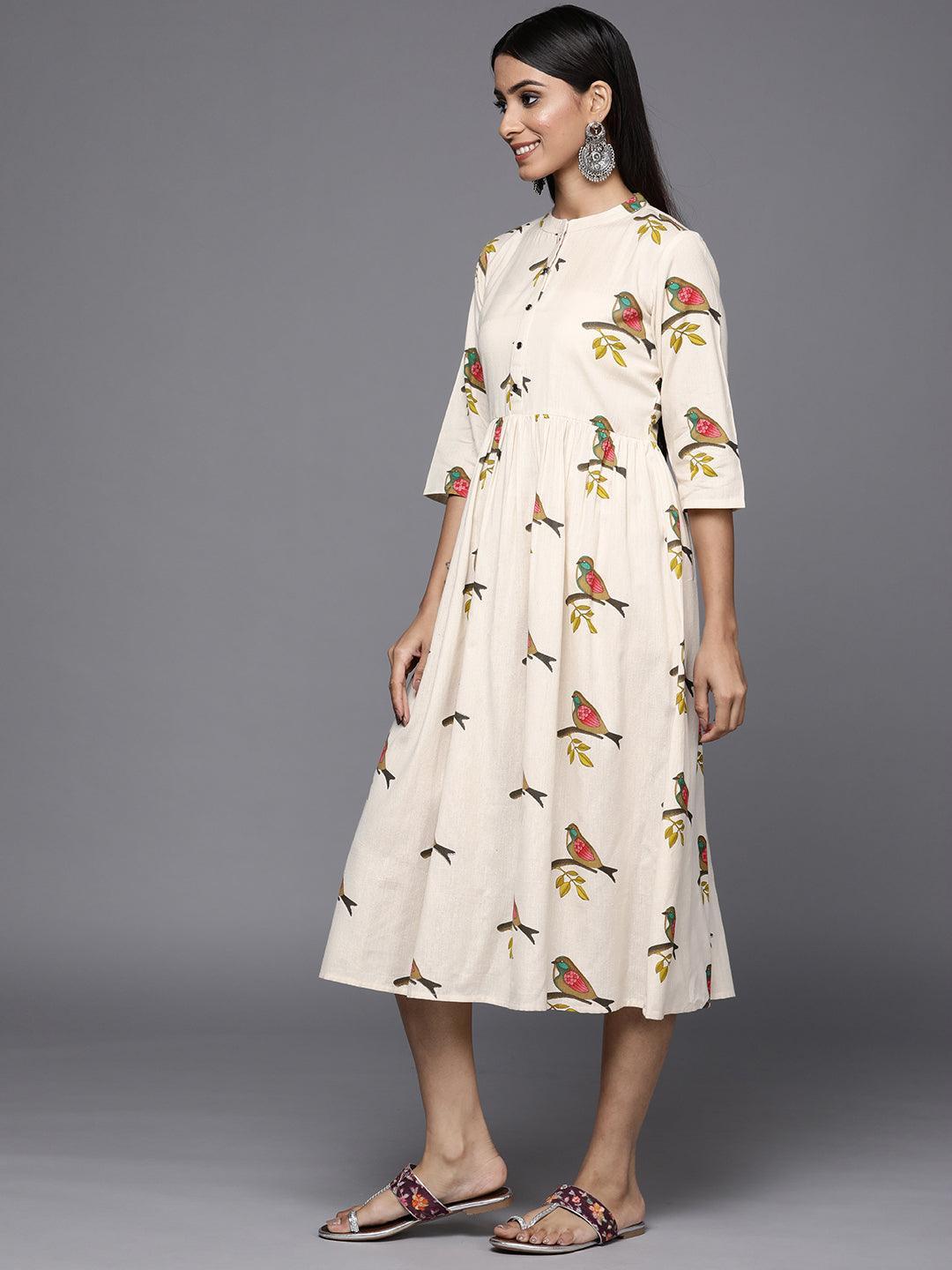 Off White Printed Cotton Fit and Flare Dress