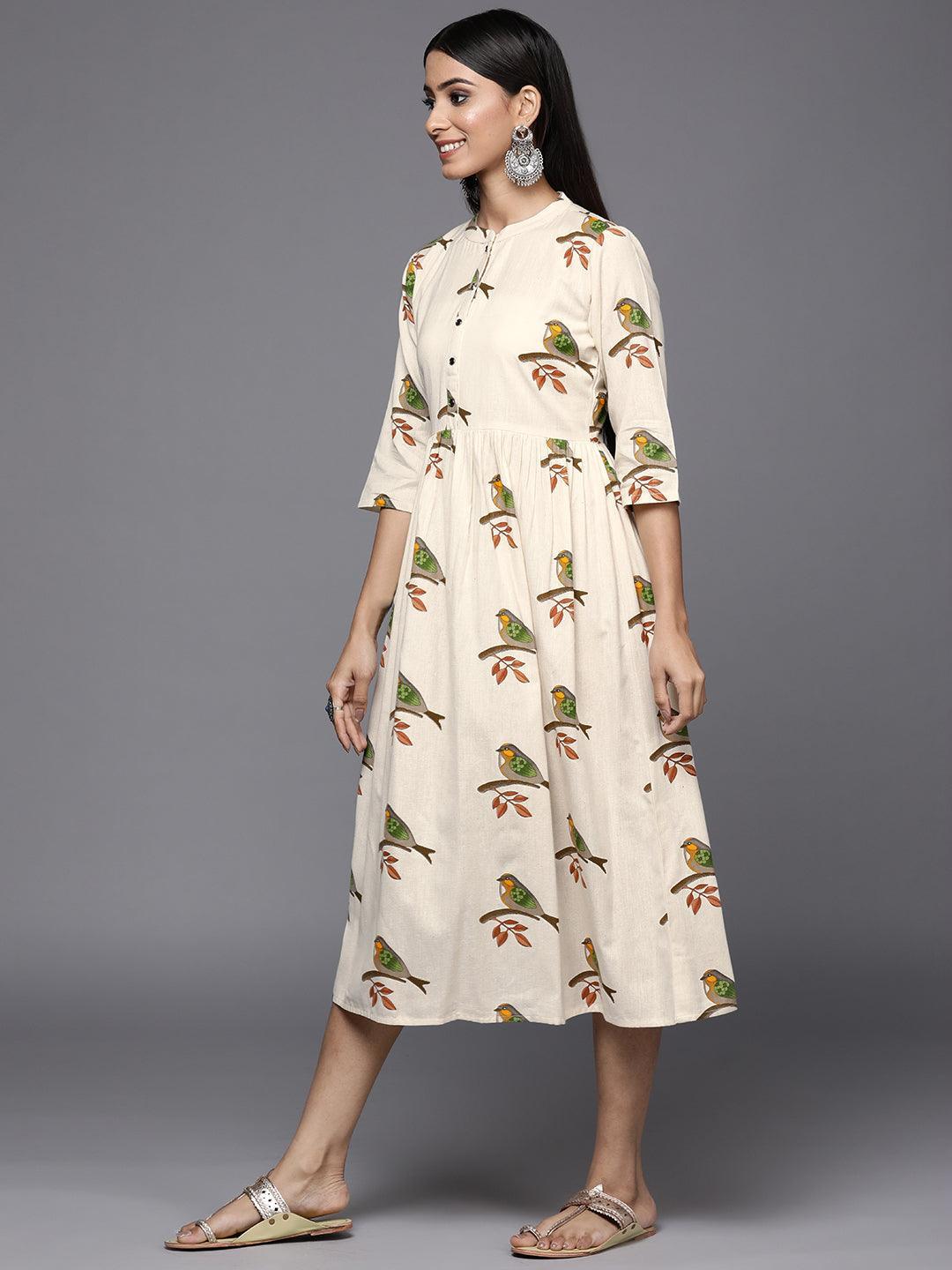 Off White Printed Cotton Fit and Flare Dress