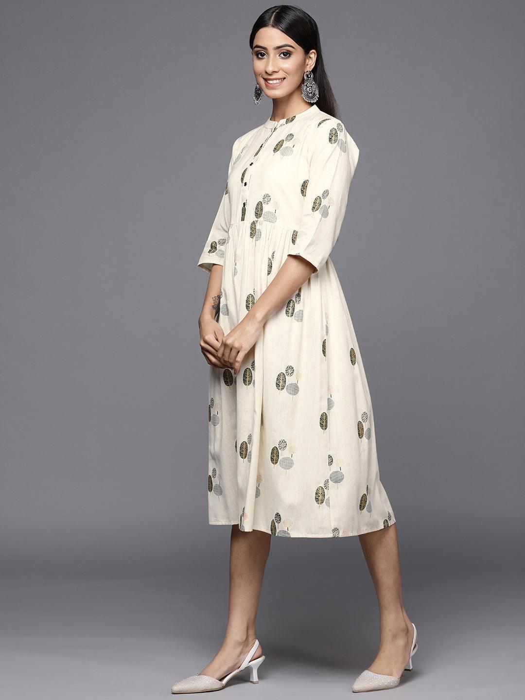 Off White Printed Cotton Fit and Flare Dress