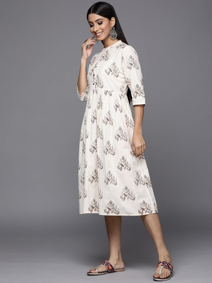 Off White Printed Cotton Fit and Flare Dress - Libas