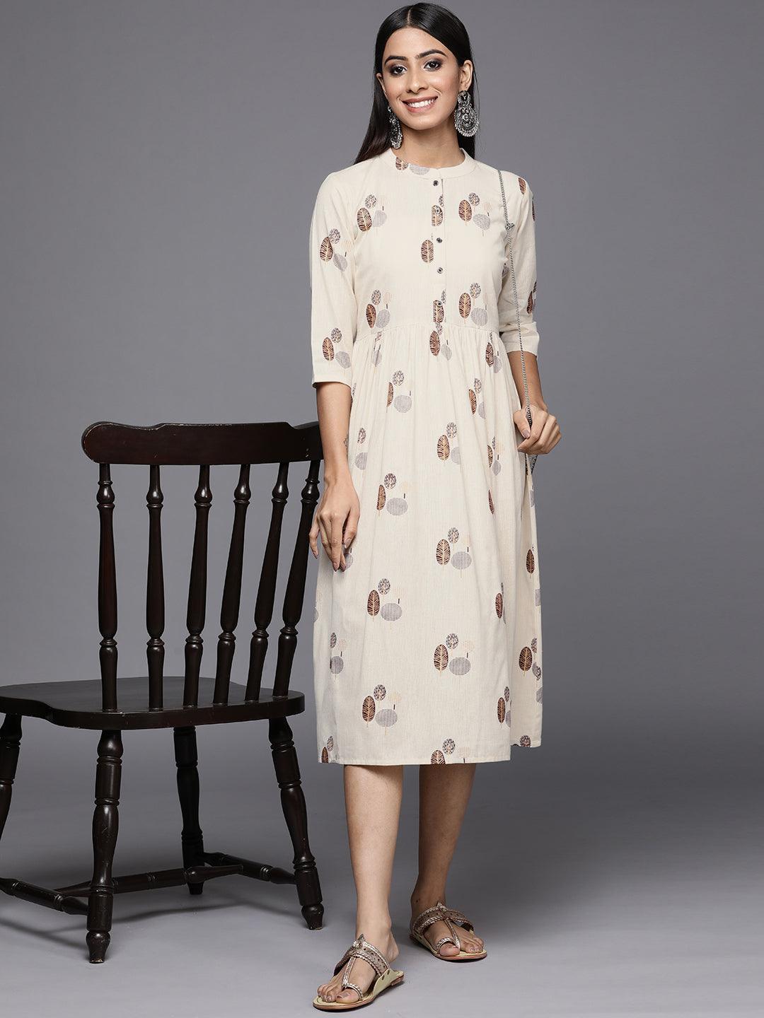 Off White Printed Cotton Fit and Flare Dress