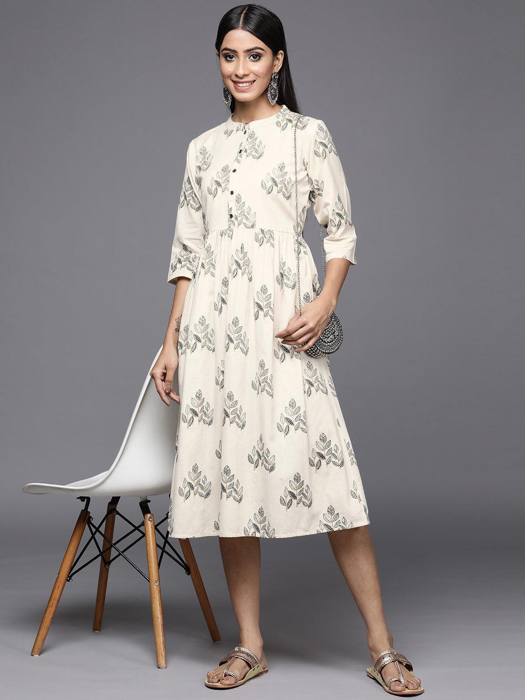 Off White Printed Cotton Fit and Flare Dress