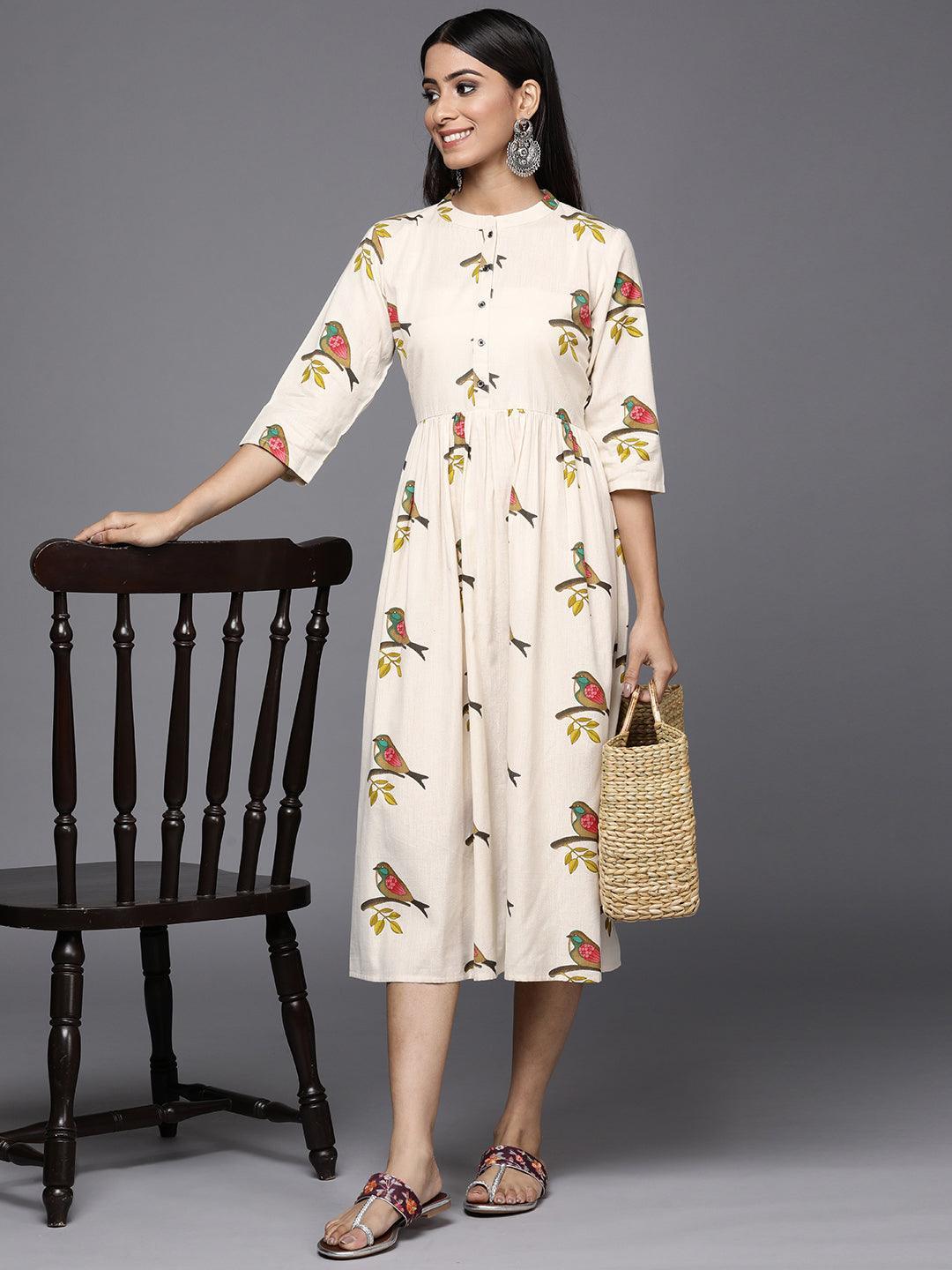 Off White Printed Cotton Fit and Flare Dress