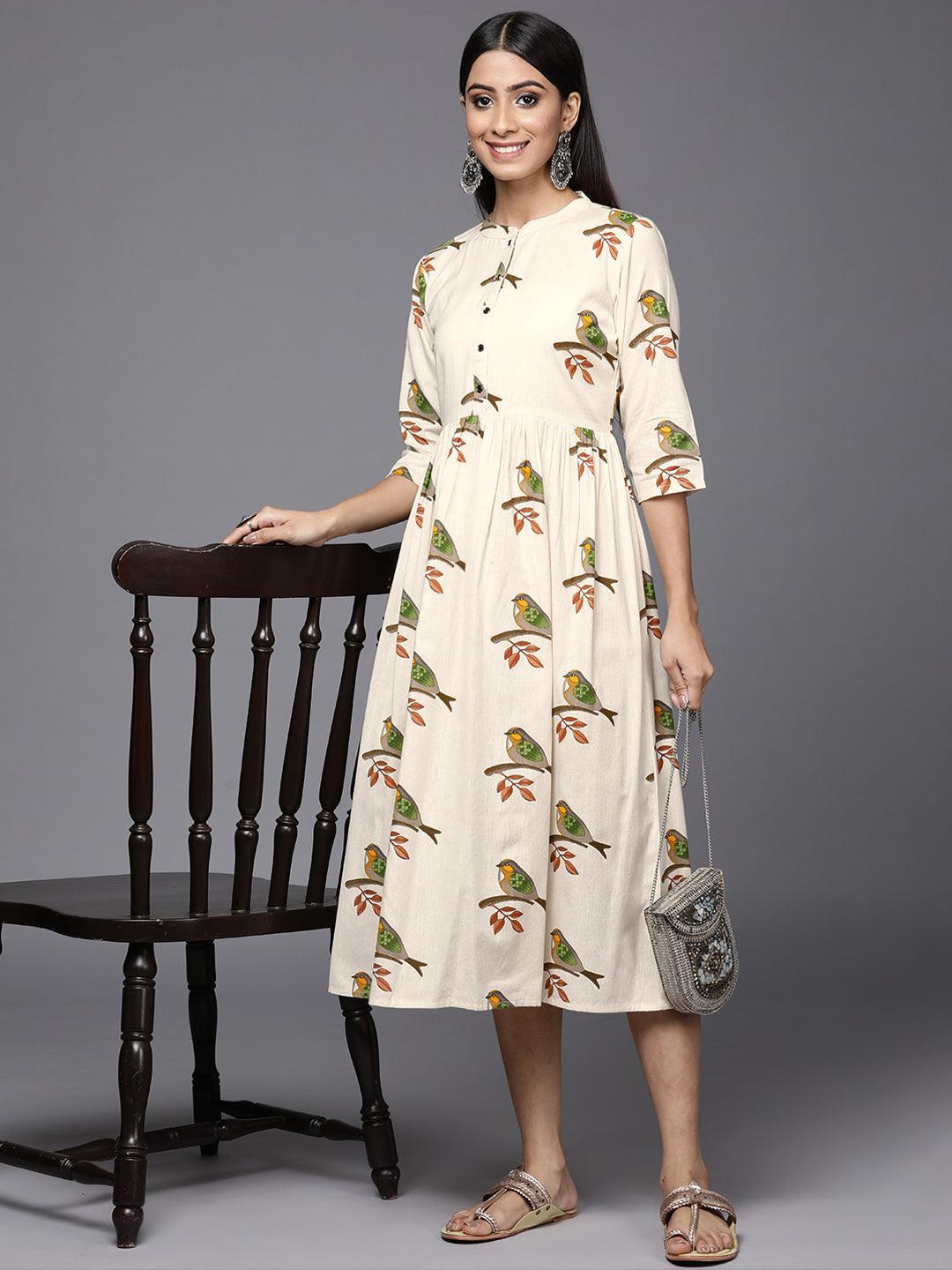 Off White Printed Cotton Fit and Flare Dress