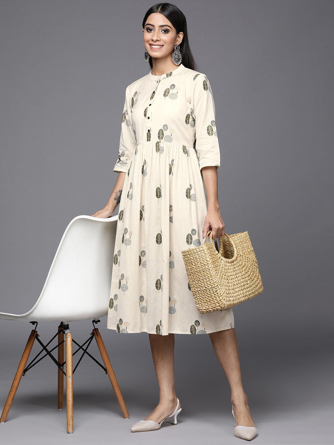 Off White Printed Cotton Fit and Flare Dress