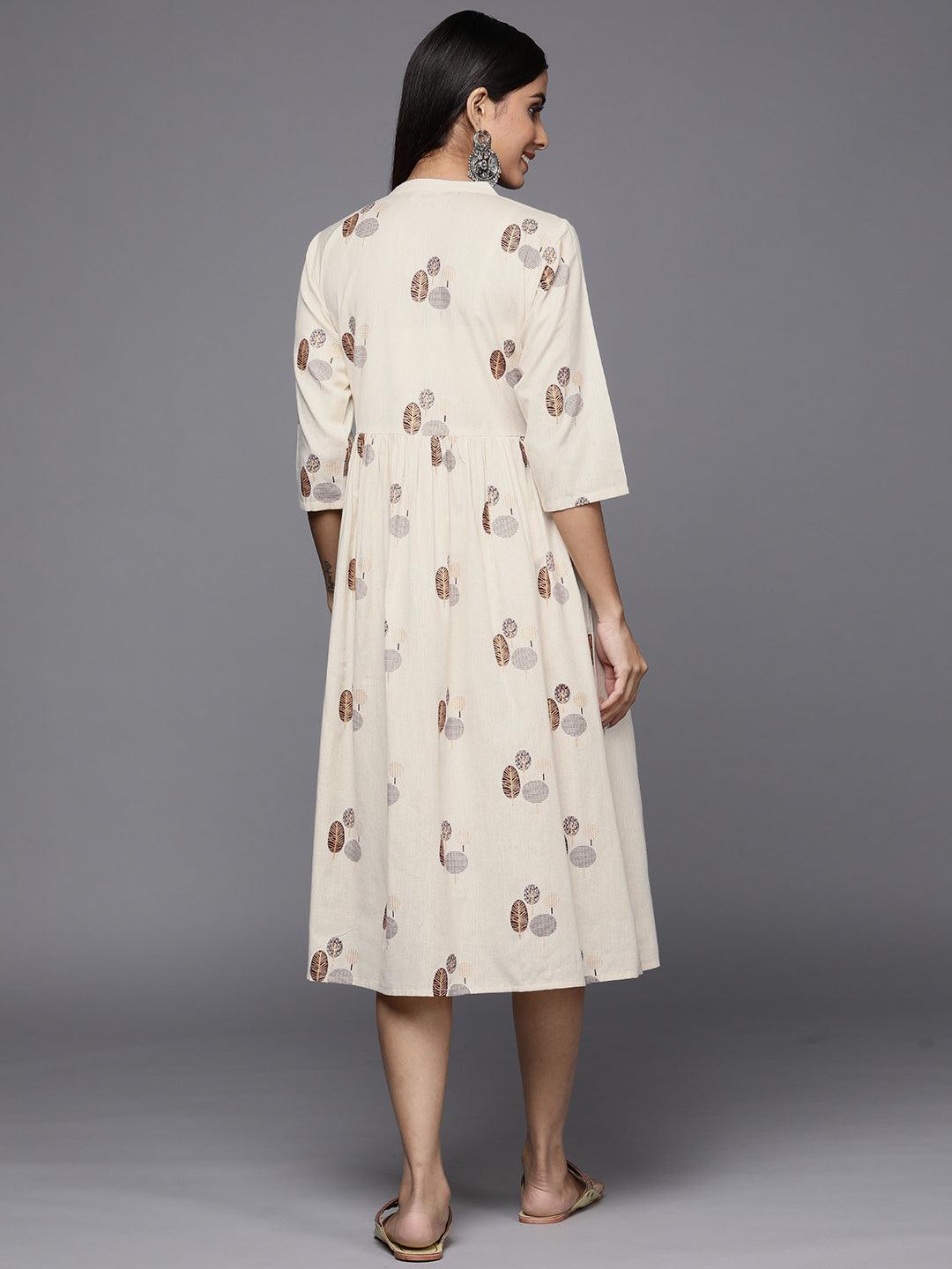 Off White Printed Cotton Fit and Flare Dress