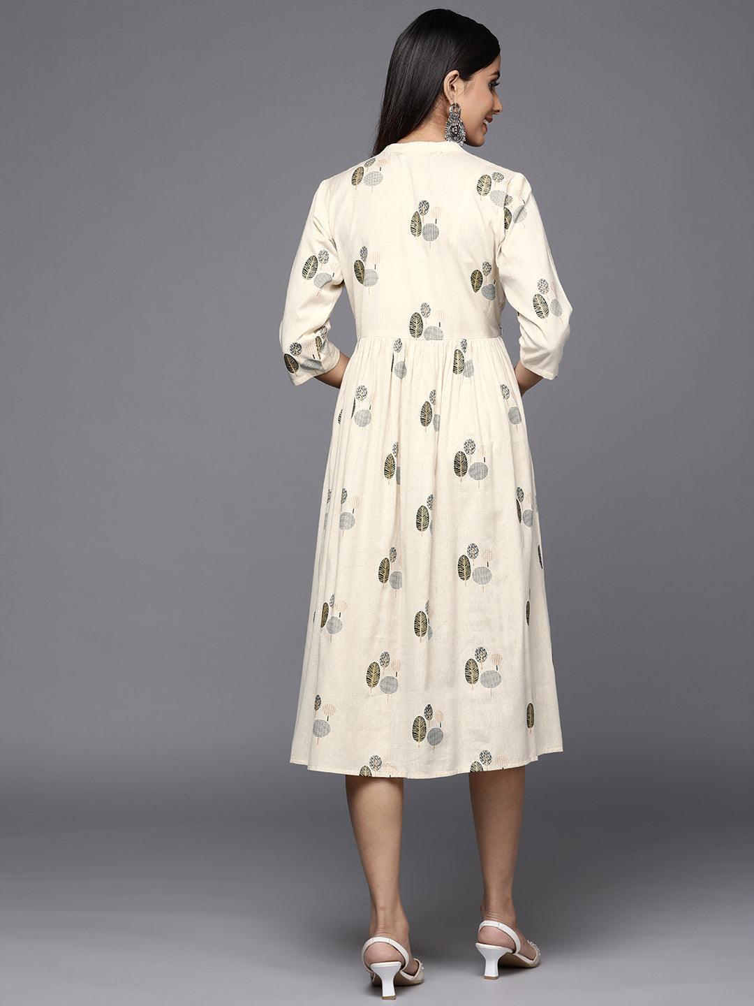 Off White Printed Cotton Fit and Flare Dress