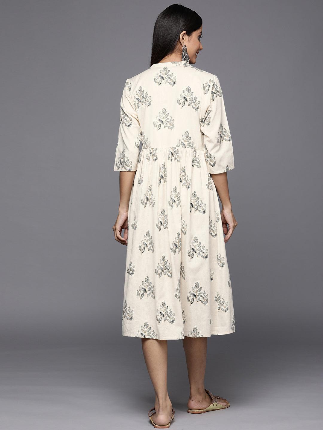 Off White Printed Cotton Fit and Flare Dress