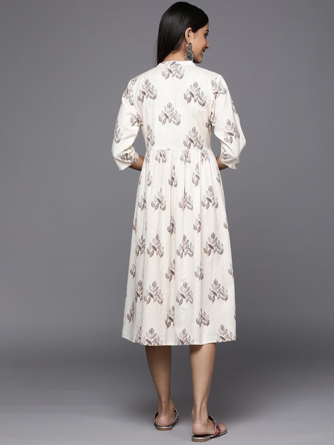 Off White Printed Cotton Fit and Flare Dress