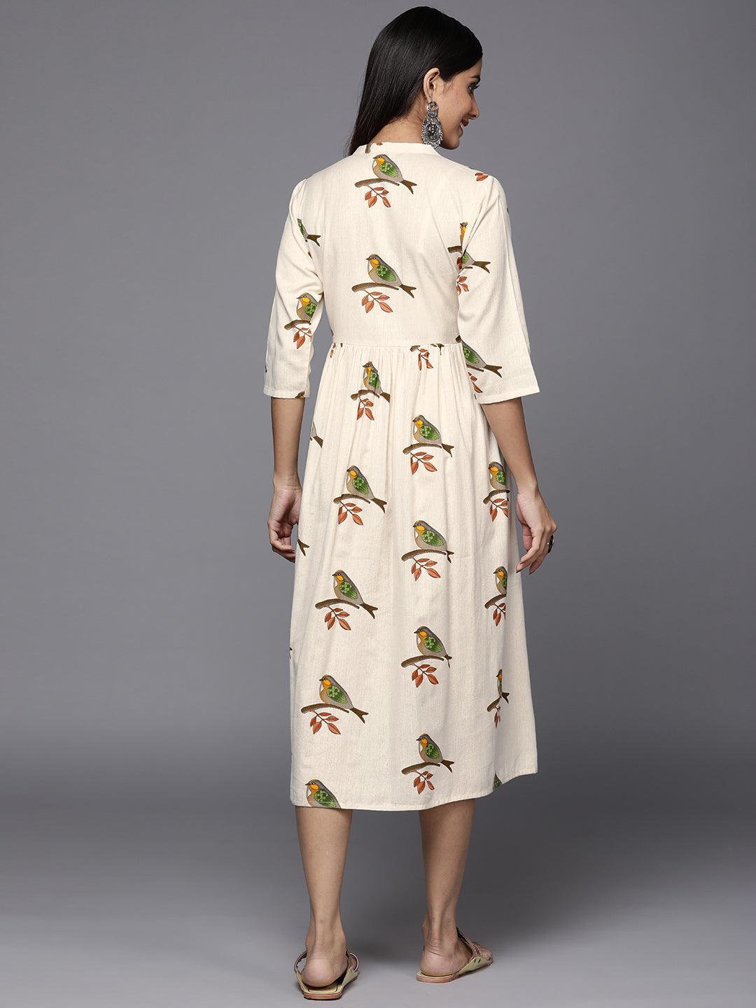 Off White Printed Cotton Fit and Flare Dress