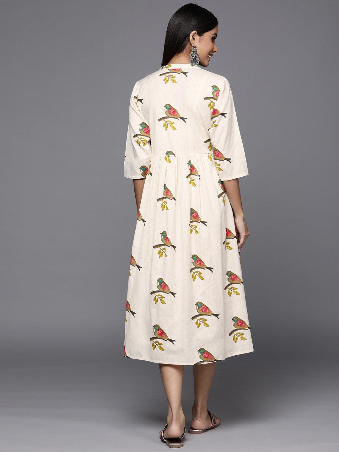 Off White Printed Cotton Fit and Flare Dress