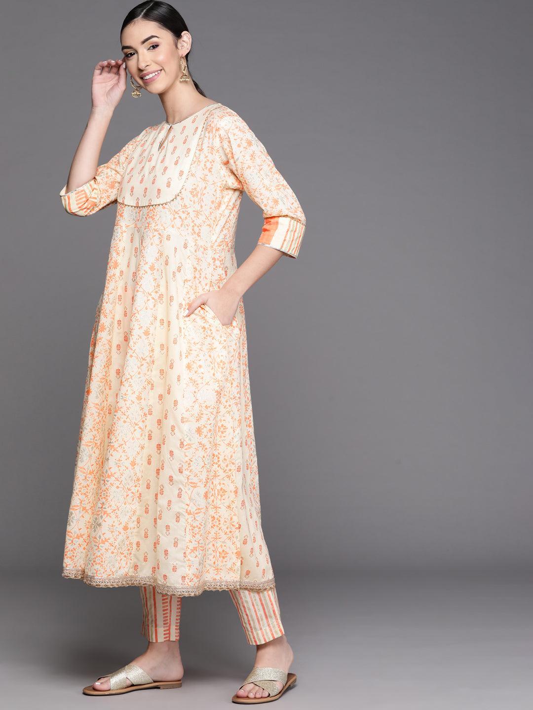 Off White Printed Cotton Kurta - Libas