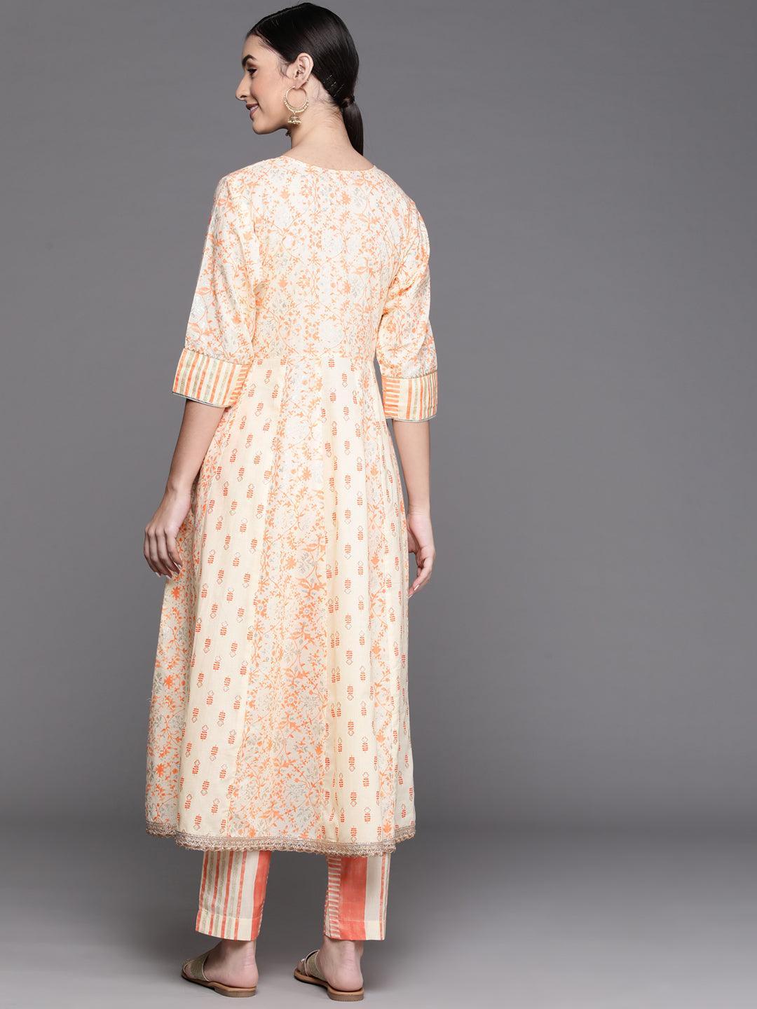 Off White Printed Cotton Kurta - Libas