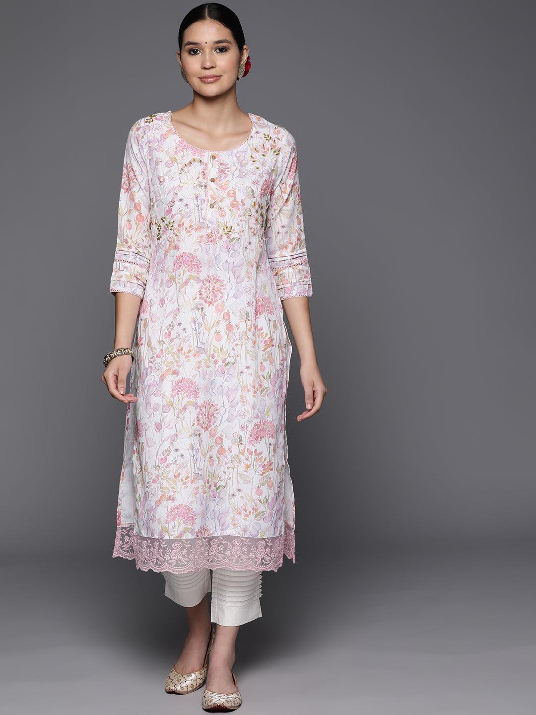 Off White Printed Cotton Straight Kurta - Libas