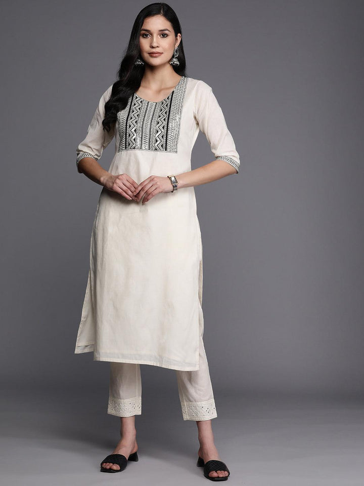 Off White Printed Cotton Straight Kurta - ShopLibas