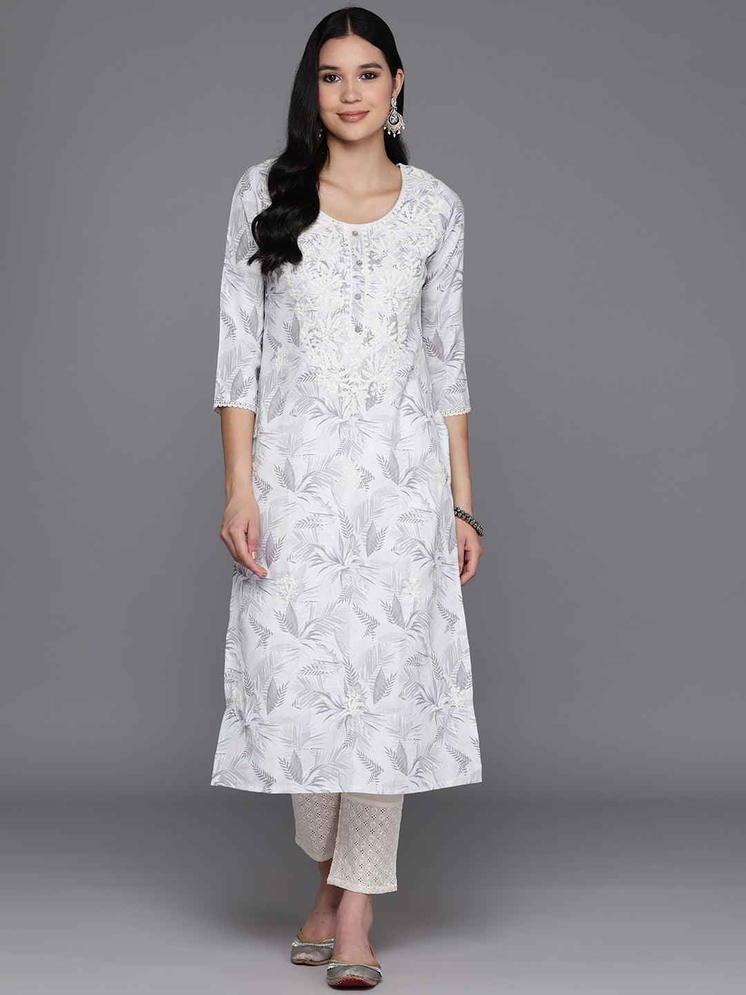 Off White Printed Cotton Straight Kurta