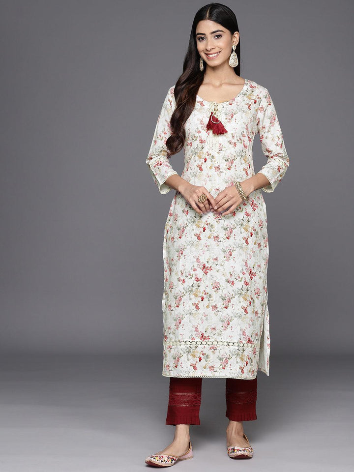 Off White Printed Cotton Straight Kurta - Libas