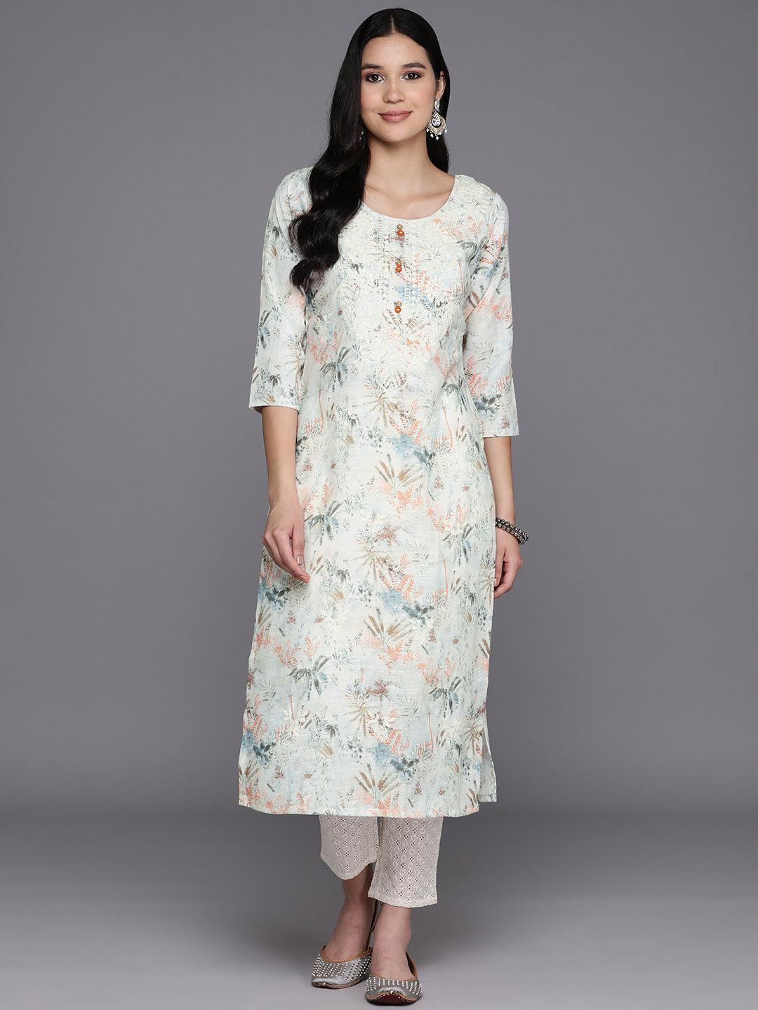 Off White Printed Cotton Straight Kurta