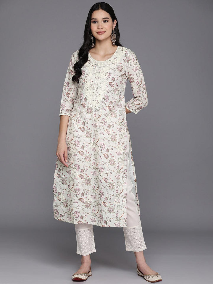 Off White Printed Cotton Straight Kurta - Libas