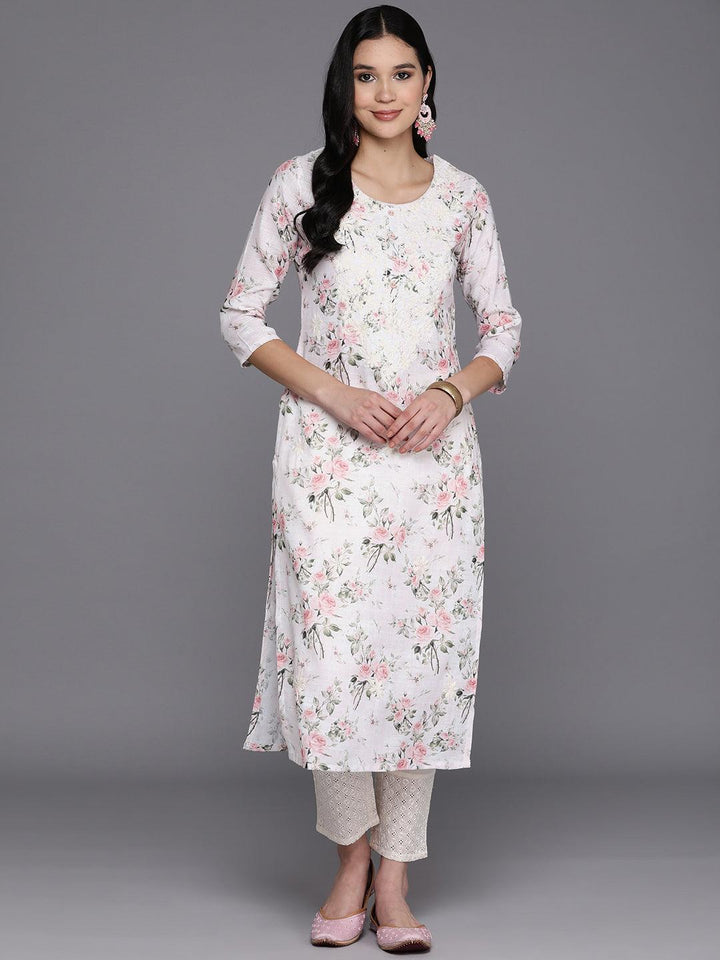 Off White Printed Cotton Straight Kurta - Libas