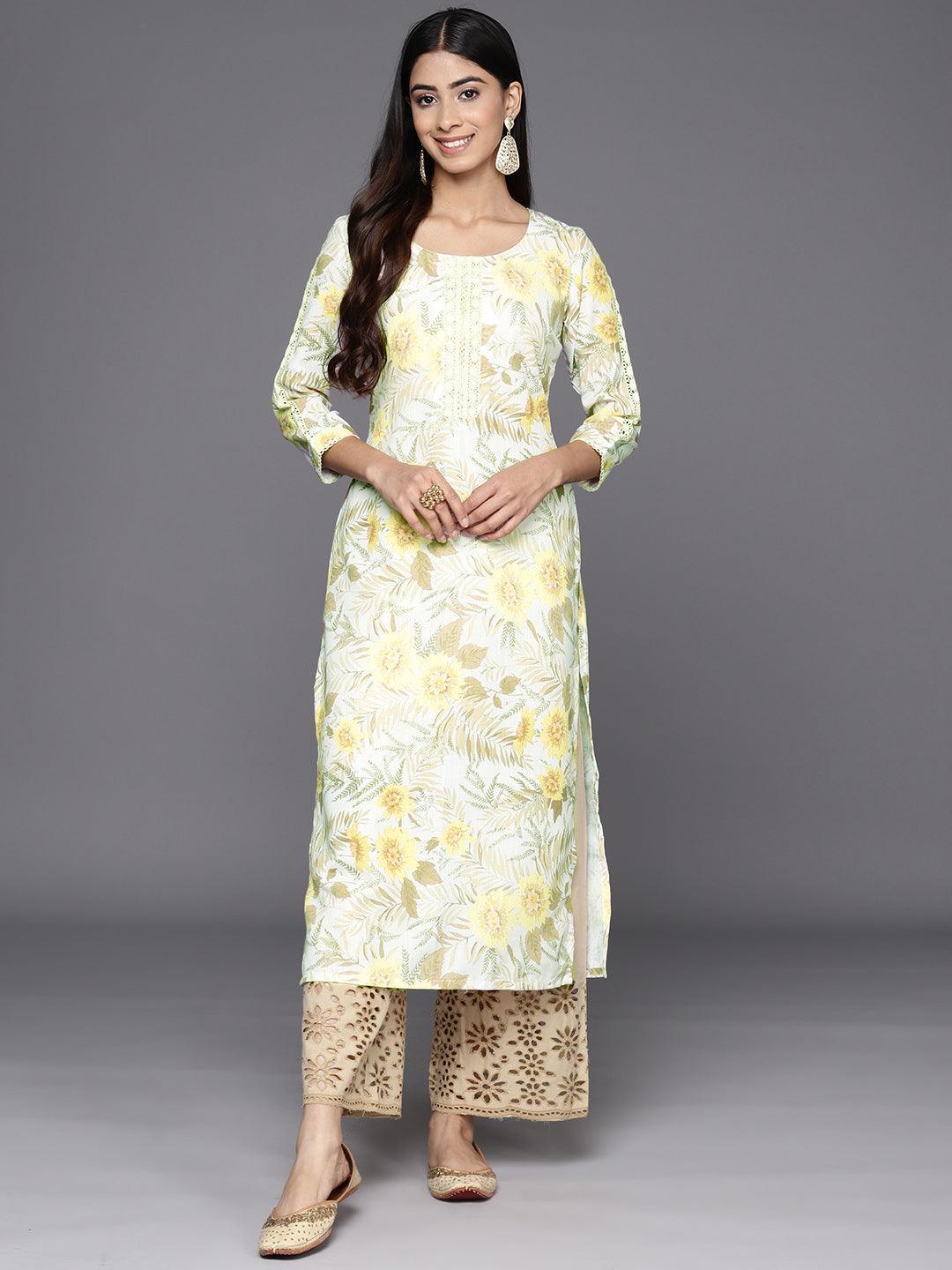 Off White Printed Cotton Straight Kurta - Libas