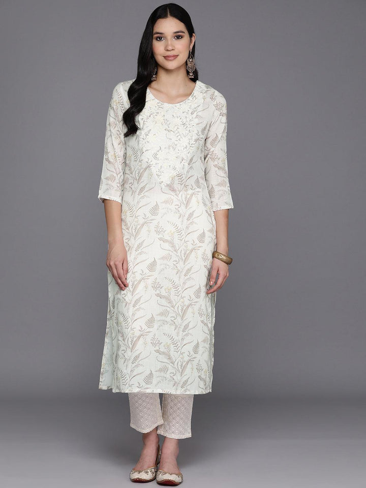 Off White Printed Cotton Straight Kurta - Libas