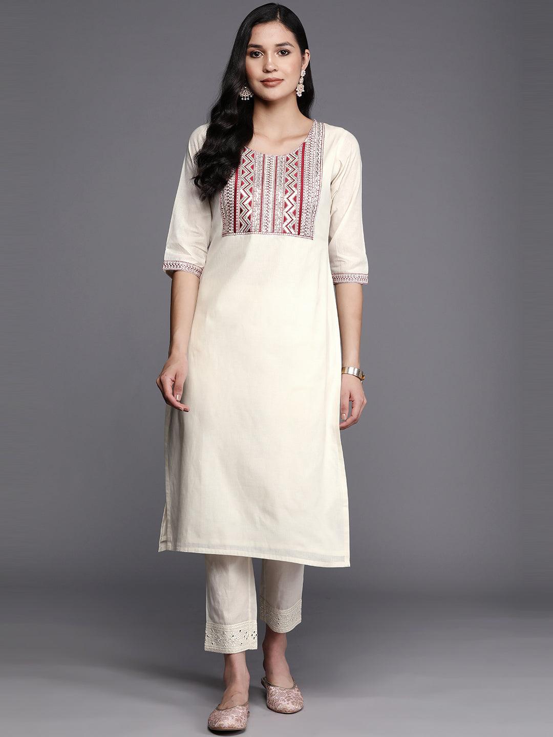 Off White Printed Cotton Straight Kurta - ShopLibas