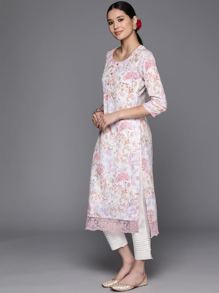 Off White Printed Cotton Straight Kurta - Libas