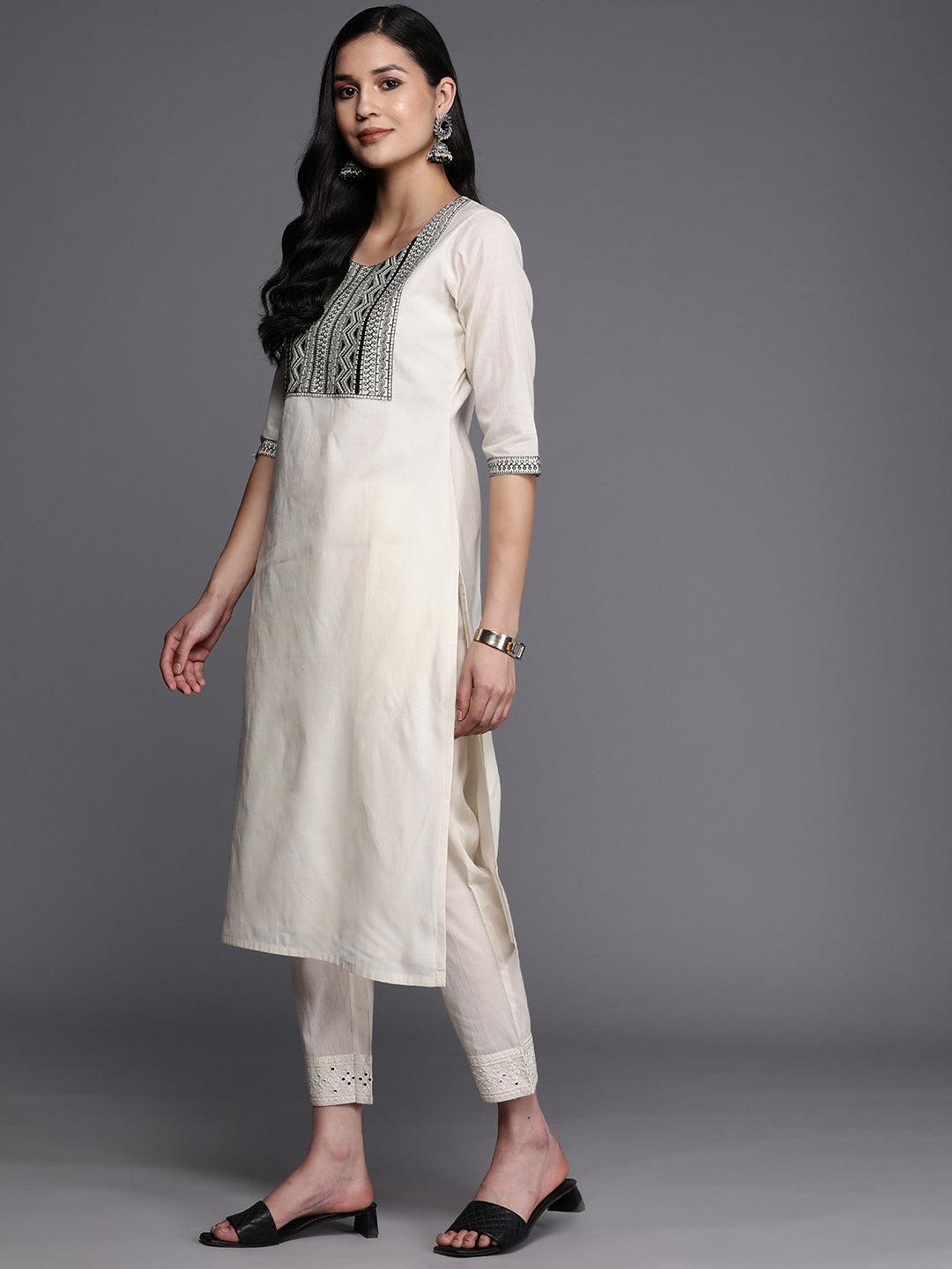 Off White Printed Cotton Straight Kurta - ShopLibas