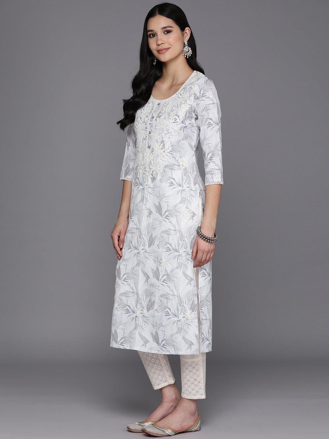 Off White Printed Cotton Straight Kurta - Libas